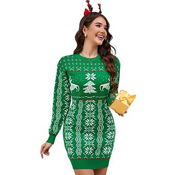 Women's Ugly Christmas Sweater Round Neck Long Sleeve Slim Mini Dress