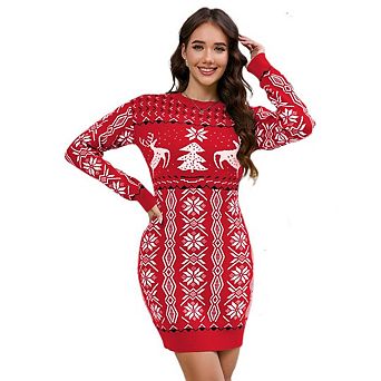 Women's Ugly Christmas Sweater Round Neck Long Sleeve Slim Mini Dress
