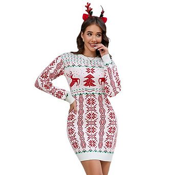 Women's Ugly Christmas Sweater Round Neck Long Sleeve Slim Mini Dress