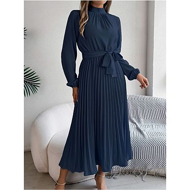 Women A-Line Pleated Dress Long Sleeve Stand Up Collar With Belt Flowing Dress