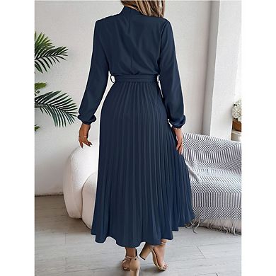 Women A-Line Pleated Dress Long Sleeve Stand Up Collar With Belt Flowing Dress
