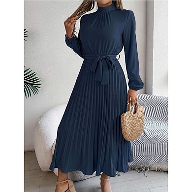 Women A-Line Pleated Dress Long Sleeve Stand Up Collar With Belt Flowing Dress
