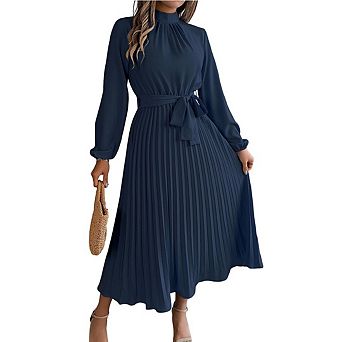 Women A-Line Pleated Dress Long Sleeve Stand Up Collar With Belt Flowing Dress