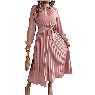 Women A-Line Pleated Dress Long Sleeve Stand Up Collar With Belt Flowing Dress