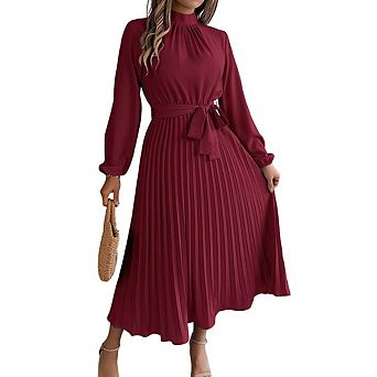 Women A-Line Pleated Dress Long Sleeve Stand Up Collar With Belt Flowing Dress