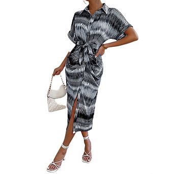 Women Shirt Dress Casual Lapel 3/4 Sleeve Button Down Split Belted Allover Print Vacation Maxi Dress