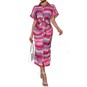 Women Shirt Dress Casual Lapel 3/4 Sleeve Button Down Split Belted Allover Print Vacation Maxi Dress