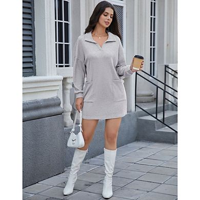 Women's Knit Loose Mini Sweater Dresses Lapel Neck Puff Sleeves Dresses With Pocket