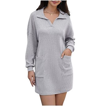 Women's Knit Loose Mini Sweater Dresses Lapel Neck Puff Sleeves Dresses With Pocket