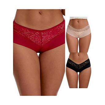 3 Packs Women's Lace Ice Silk Boyshorts Panties Hollow Out Mid Rise Comfort Briefs Underwears