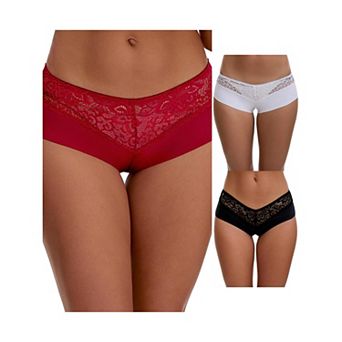 3 Packs Women's Lace Ice Silk Boyshorts Panties Hollow Out Mid Rise Comfort Briefs Underwears