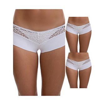 3 Packs Women's Lace Ice Silk Boyshorts Panties Hollow Out Mid Rise Comfort Briefs Underwears