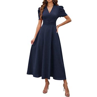 Womens Short Puff Sleeve V Neck Casual Semi-Formal Dress A-Line Cocktail Party Summer Midi Dress