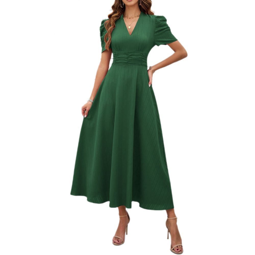 Женские платья Short Puff Sleeve V Neck Casual Semi-Formal Dress A-Line Cocktail Party Summer Midi Dress