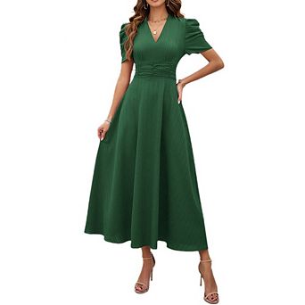 Womens Short Puff Sleeve V Neck Casual Semi-Formal Dress A-Line Cocktail Party Summer Midi Dress