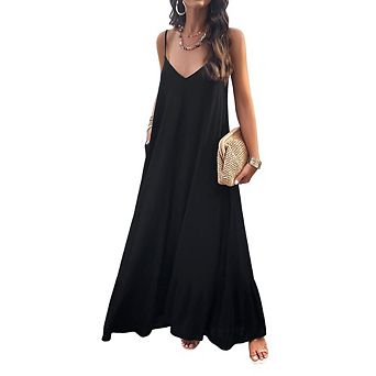 Women's Casual Sundress Summer Maxi Sleeveless V Neck Solid Beach Dress Travel Vacation Dress
