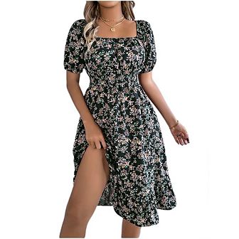 Womens Boho Floral Smocked Square Neck Short Sleeve Ruffle Beach Summer Mini Dress