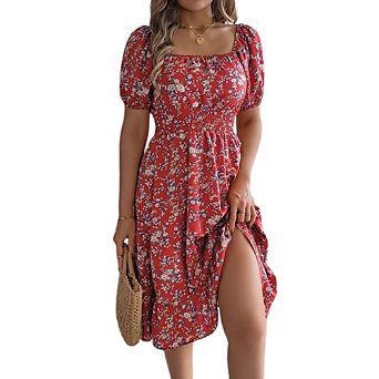 Womens Boho Floral Smocked Square Neck Short Sleeve Ruffle Beach Summer Mini Dress
