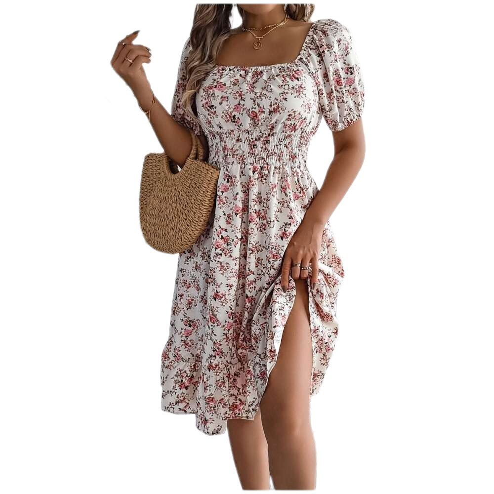 Женские платья Boho Floral Smocked Square Neck Short Sleeve Ruffle Beach Summer Mini Dress