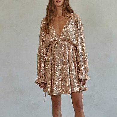 Womens Glitter Dress Tie Front V Neck Long Sleeve Swing Club Cocktail Party Dress Causal Mini Dress