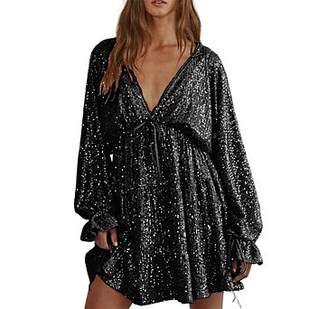 Womens Glitter Dress Tie Front V Neck Long Sleeve Swing Club Cocktail Party Dress Causal Mini Dress