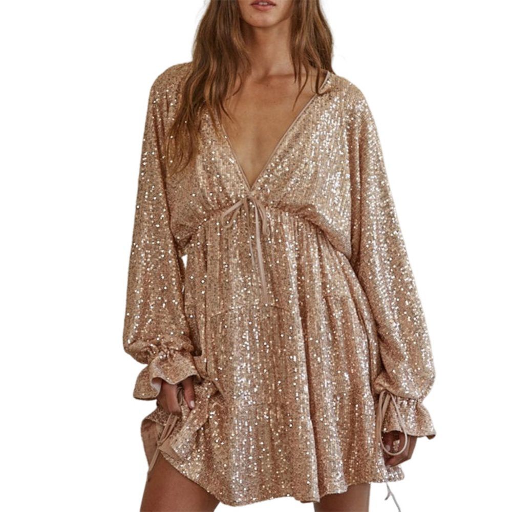 Женские платья Glitter Dress Tie Front V Neck Long Sleeve Swing Club Cocktail Party Dress Causal Mini Dress