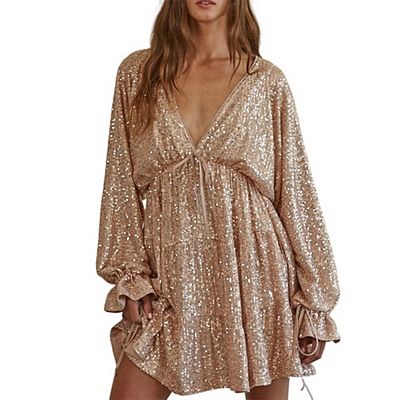 Womens Glitter Dress Tie Front V Neck Long Sleeve Swing Club Cocktail Party  Dress Causal Mini Dress