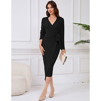 Women's Fall Sweater Dress V Neck Long Sleeve Ribbed Knit Tie Waist Bodycon Slim Fit Midi Dresses