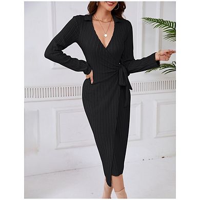 Women's Fall Sweater Dress V Neck Long Sleeve Ribbed Knit Tie Waist Bodycon Slim Fit Midi Dresses