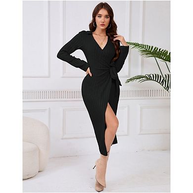 Women's Fall Sweater Dress V Neck Long Sleeve Ribbed Knit Tie Waist Bodycon Slim Fit Midi Dresses
