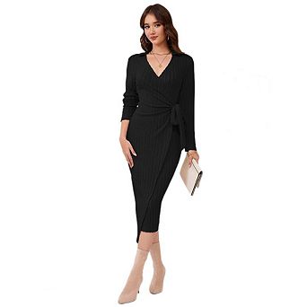 Women's Fall Sweater Dress V Neck Long Sleeve Ribbed Knit Tie Waist Bodycon Slim Fit Midi Dresses