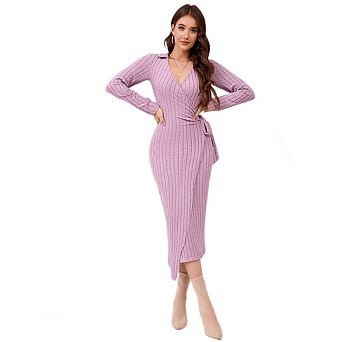 Women's Fall Sweater Dress V Neck Long Sleeve Ribbed Knit Tie Waist Bodycon Slim Fit Midi Dresses