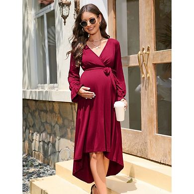 Women Maternity Dress Wrap V Neck A-Line Long Lantern Sleeve High Waist Flowy Dress with Belt