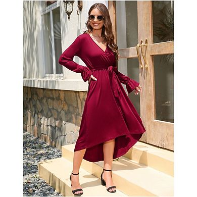 Women Maternity Dress Wrap V Neck A-Line Long Lantern Sleeve High Waist Flowy Dress with Belt