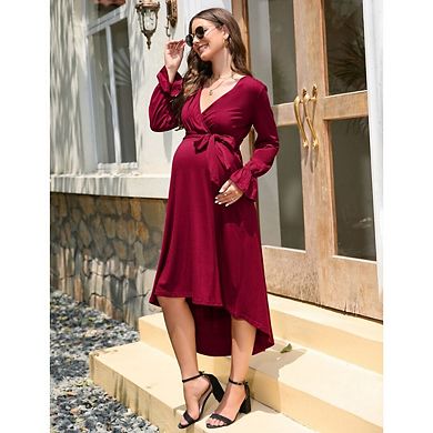 Women Maternity Dress Wrap V Neck A-Line Long Lantern Sleeve High Waist Flowy Dress with Belt