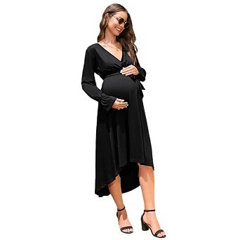 Women Maternity Dress Wrap V Neck A-Line Long Lantern Sleeve High Waist Flowy Dress with Belt