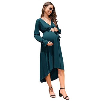 Women Maternity Dress Wrap V Neck A-Line Long Lantern Sleeve High Waist Flowy Dress with Belt