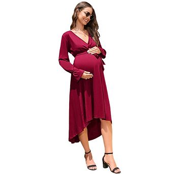 Women Maternity Dress Wrap V Neck A-Line Long Lantern Sleeve High Waist Flowy Dress with Belt