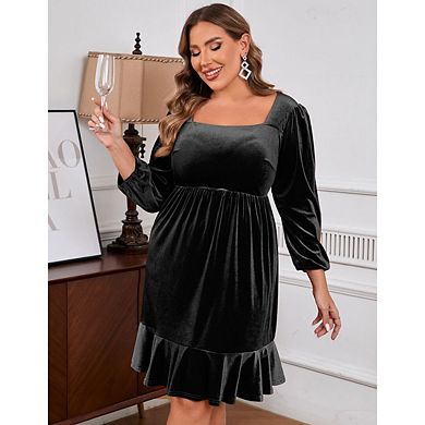 Women's velvet Plus Size Square Collar Long Sleeve Midi Party Dress