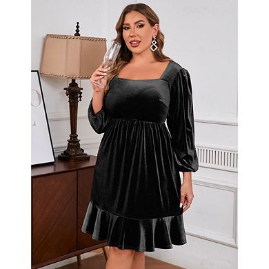 Women's velvet Plus Size Square Collar Long Sleeve Midi Party Dress