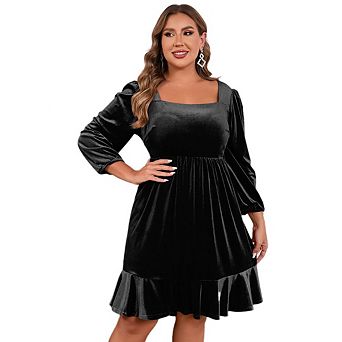 Women's velvet Plus Size Square Collar Long Sleeve Midi Party Dress