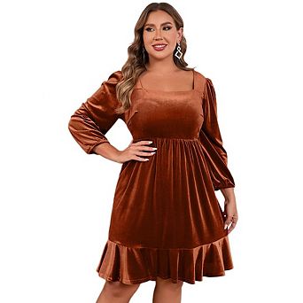 Women's velvet Plus Size Square Collar Long Sleeve Midi Party Dress