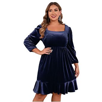 Women's velvet Plus Size Square Collar Long Sleeve Midi Party Dress