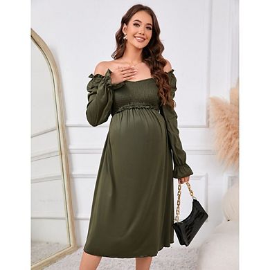 Women's Maternity Dress V Neck Long Sleeve Smocked Chest Midi Dress Photoshoot Baby Shower