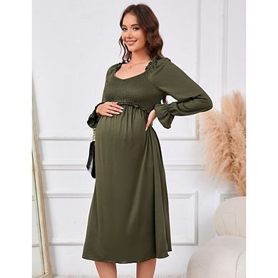 Women's Maternity Dress V Neck Long Sleeve Smocked Chest Midi Dress Photoshoot Baby Shower