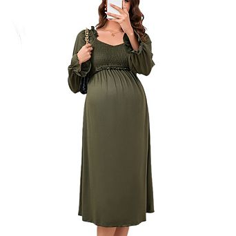 Women's Maternity Dress V Neck Long Sleeve Smocked Chest Midi Dress Photoshoot Baby Shower