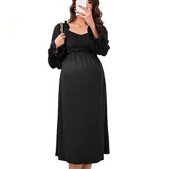 Women's Maternity Dress V Neck Long Sleeve Smocked Chest Midi Dress Photoshoot Baby Shower