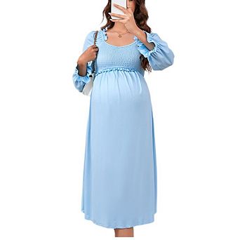 Women's Maternity Dress V Neck Long Sleeve Smocked Chest Midi Dress Photoshoot Baby Shower