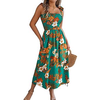 Women's Tropical Floral Smocked Dress V Neck with Tie Maxi A-Line Beach Vacation Dresses