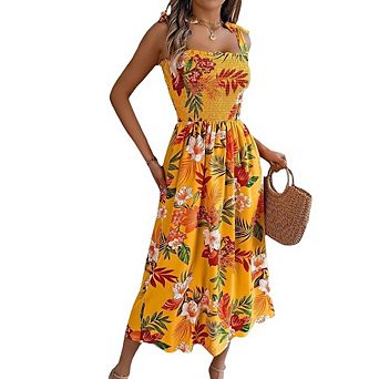 Women's Tropical Floral Smocked Dress V Neck with Tie Maxi A-Line Beach Vacation Dresses